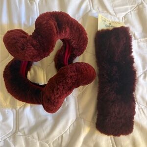 Luxurious Burgundy real sheepskin fur seatbelt cover and wheel cover Set